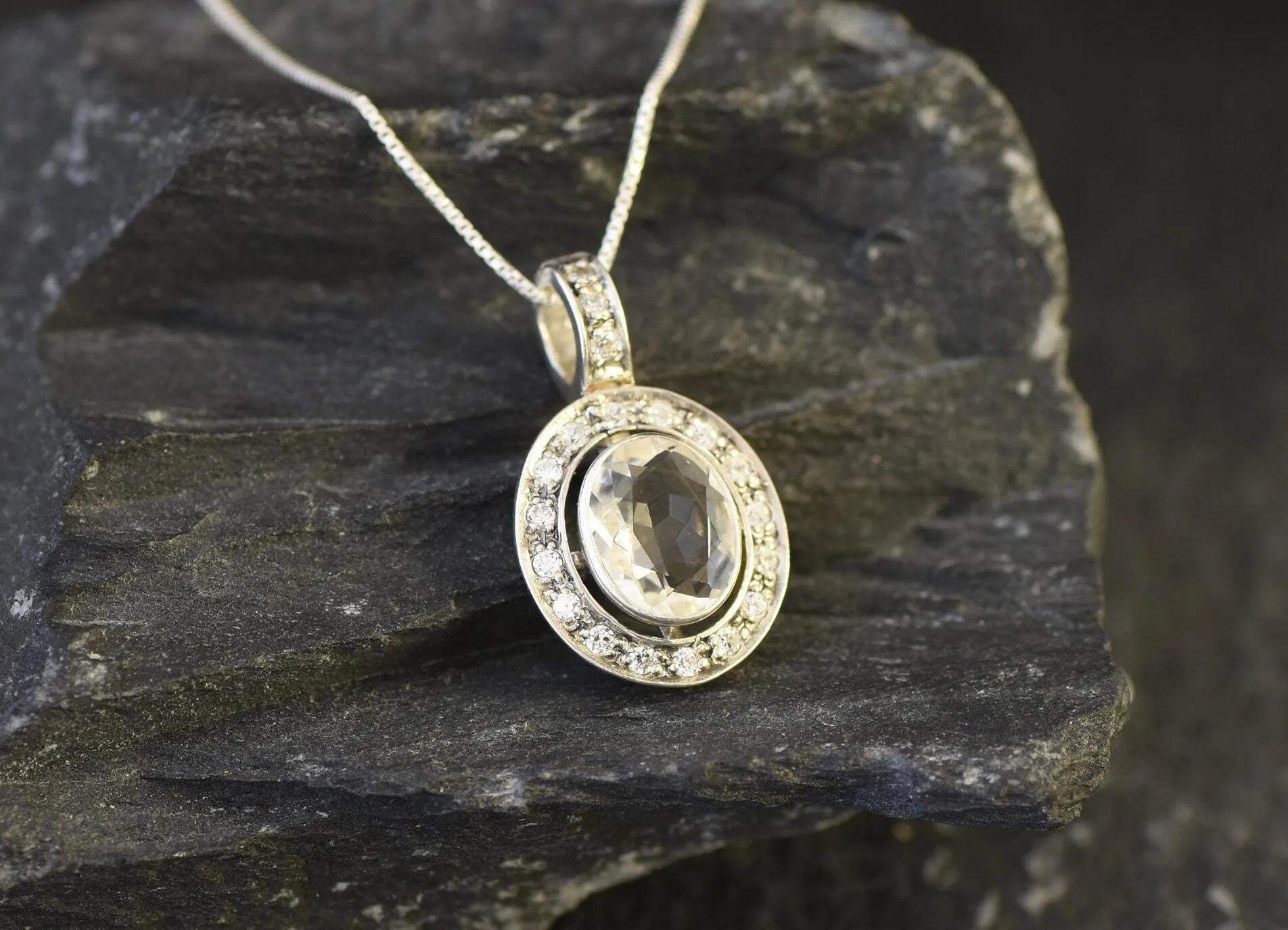 White Topaz Necklace - Sparkly Diamond Pendant - Vintage Oval Necklace