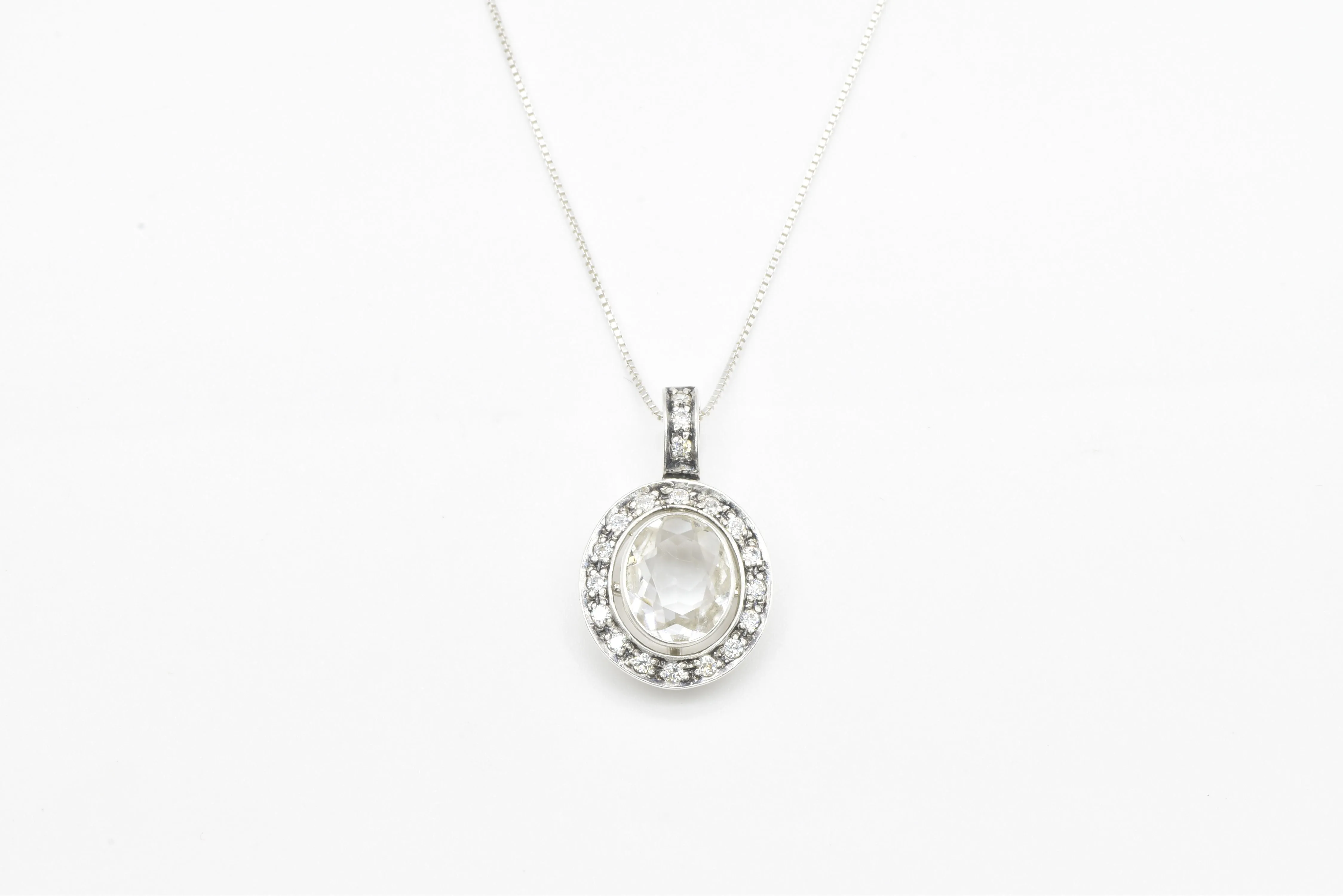 White Topaz Necklace - Sparkly Diamond Pendant - Vintage Oval Necklace