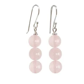 Women's Handmade Triple Beads Pink Rose Quartz Drop Earrings 925 Silver