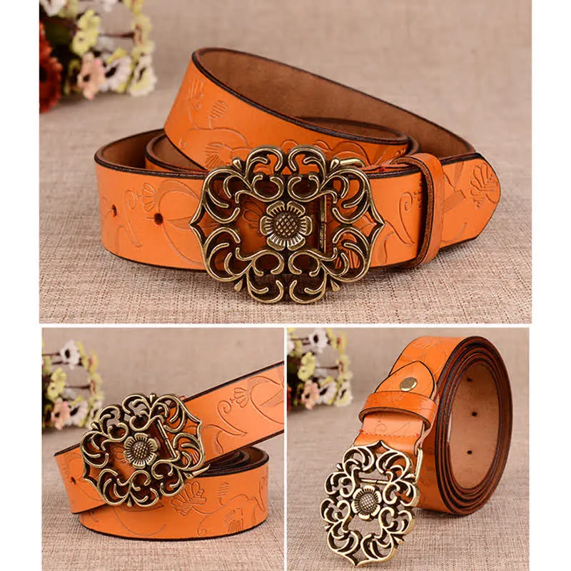 Women's Hollow Sunflower Retro Embossed Leather Belt