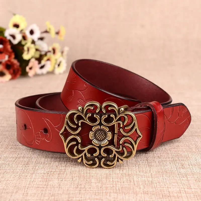 Women's Hollow Sunflower Retro Embossed Leather Belt