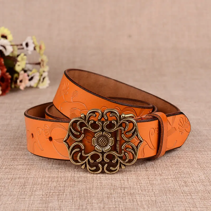 Women's Hollow Sunflower Retro Embossed Leather Belt