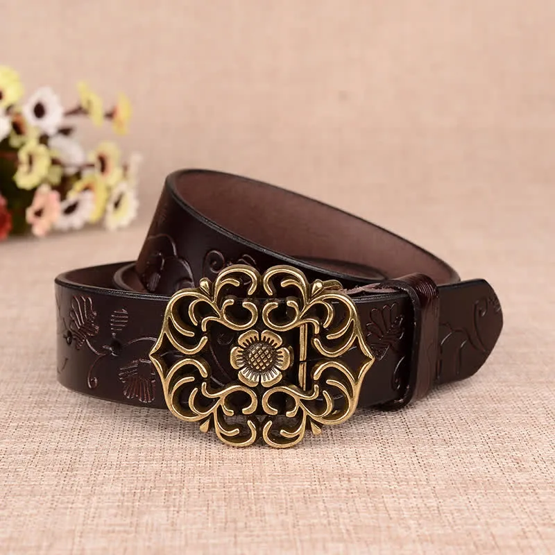 Women's Hollow Sunflower Retro Embossed Leather Belt