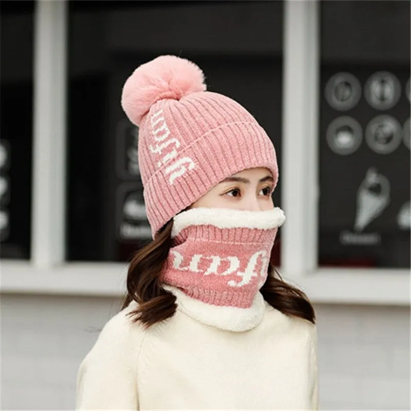 Yifan Letter Plus Velvet Pompoms Ball Outdoor Knitted Woolen Warm Winter Cap