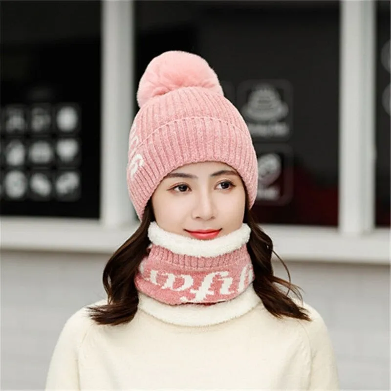 Yifan Letter Plus Velvet Pompoms Ball Outdoor Knitted Woolen Warm Winter Cap