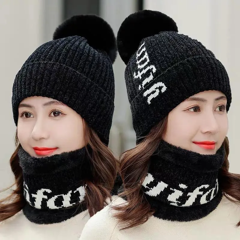 Yifan Letter Plus Velvet Pompoms Ball Outdoor Knitted Woolen Warm Winter Cap