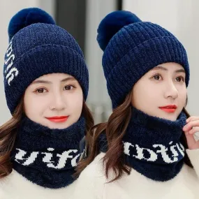 Yifan Letter Plus Velvet Pompoms Ball Outdoor Knitted Woolen Warm Winter Cap