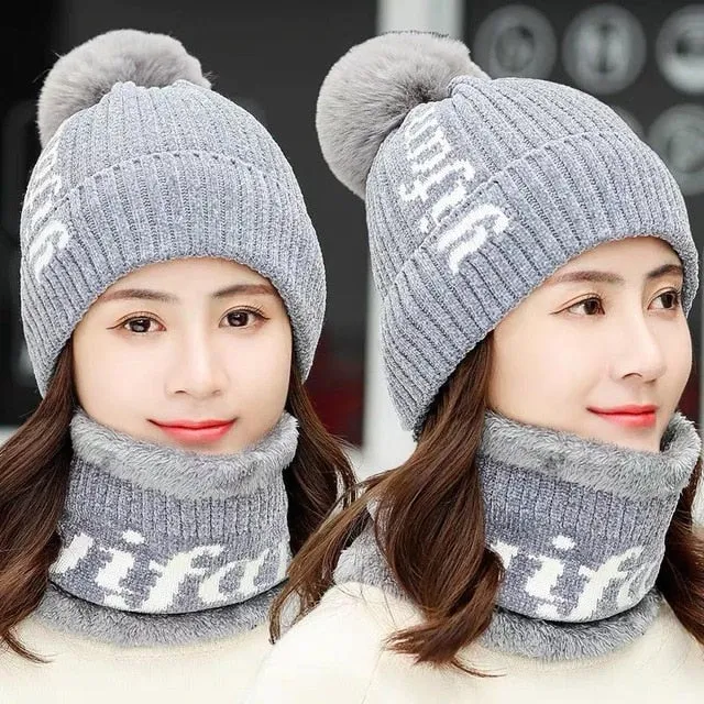 Yifan Letter Plus Velvet Pompoms Ball Outdoor Knitted Woolen Warm Winter Cap